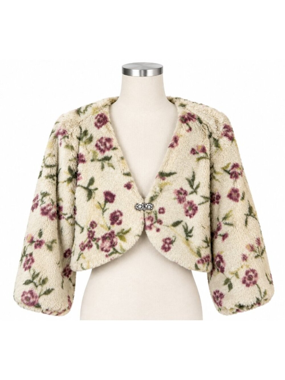 Venezia Floral Faux Fur Cropped Jacket Rhinestone Clasp Ivory 18/20 2X Fairycore